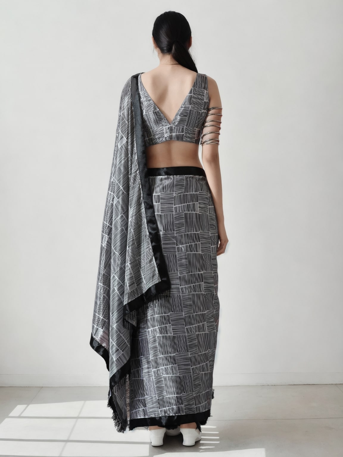 Jyoti Fashion Women's Grey Chinon Digital Printed Ready To Wear Saree with Blouse | Grocsy