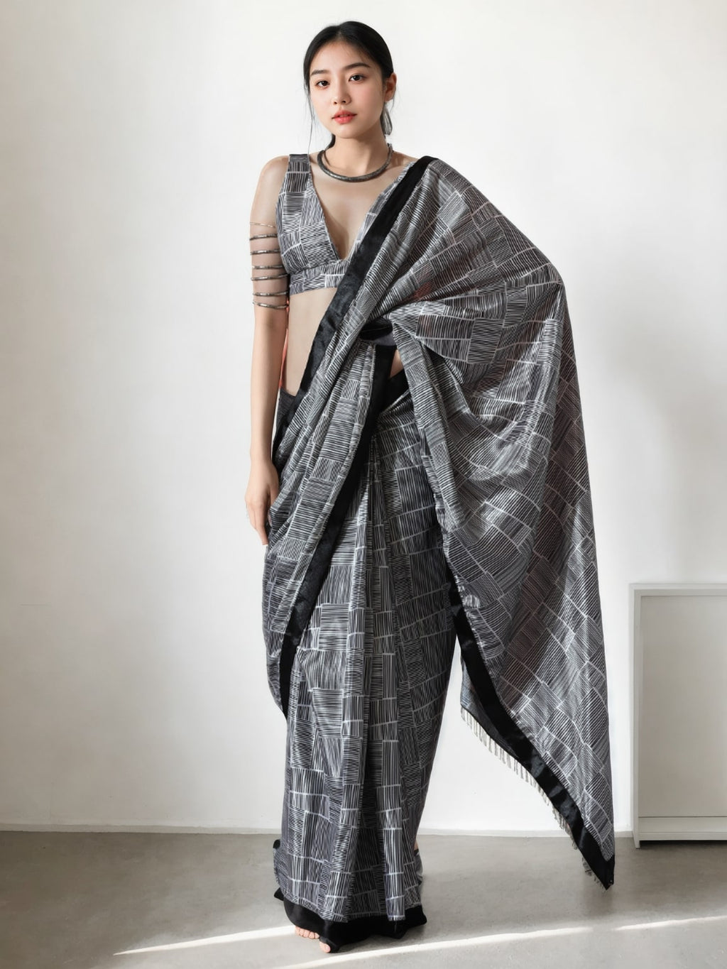 Jyoti Fashion Women's Grey Chinon Digital Printed Ready To Wear Saree with Blouse | Grocsy
