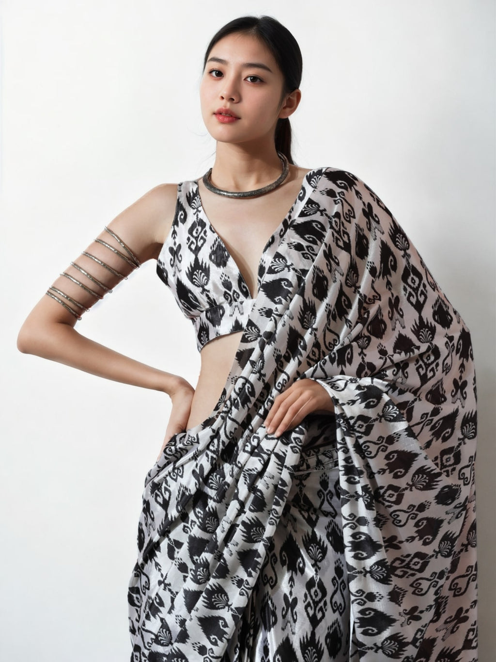 Jyoti Fashion Women's Black Chinon Digital Printed Ready To Wear Saree with Blouse | Grocsy