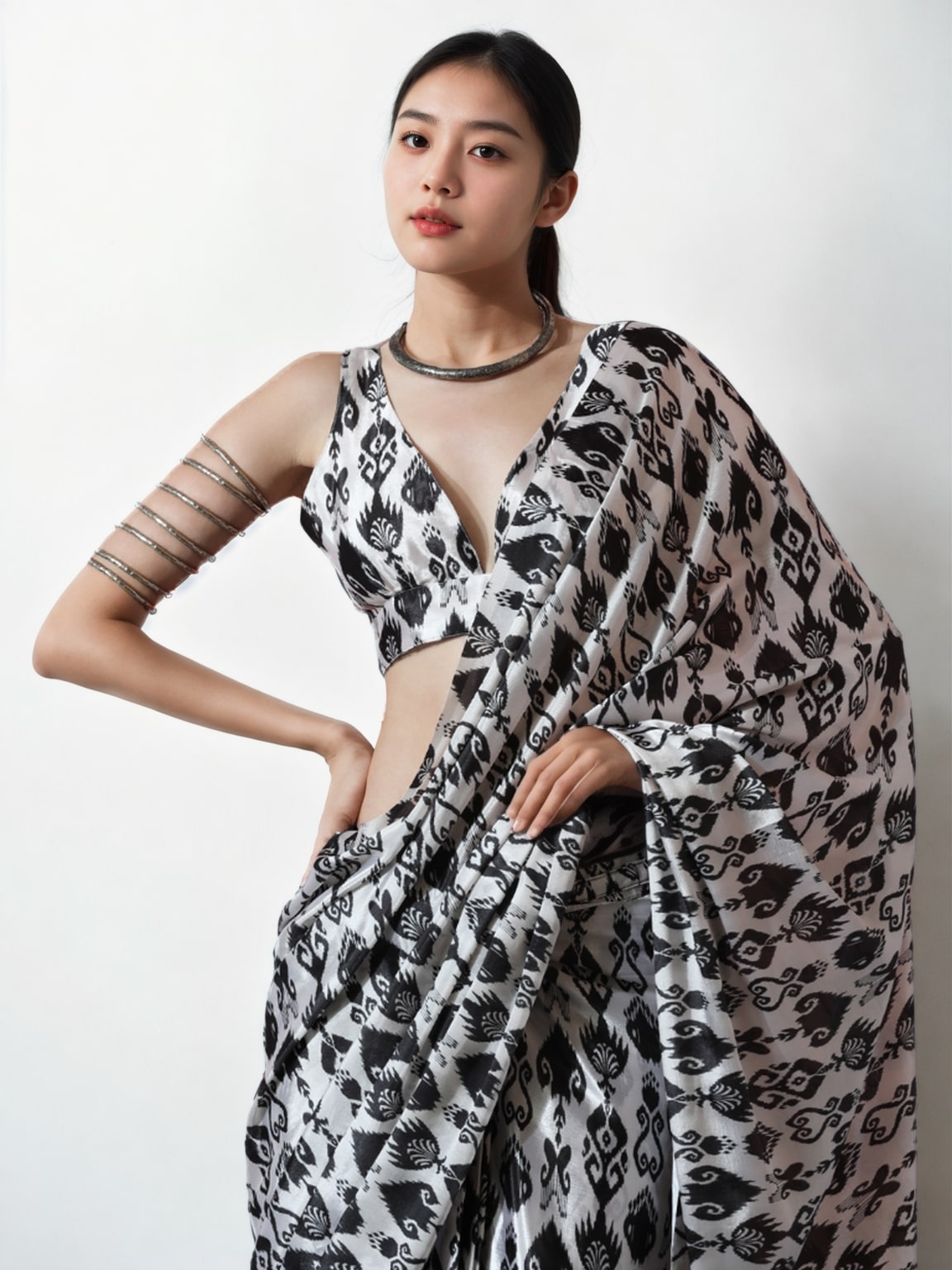 Jyoti Fashion Women's Black Chinon Digital Printed Ready To Wear Saree with Blouse | Grocsy