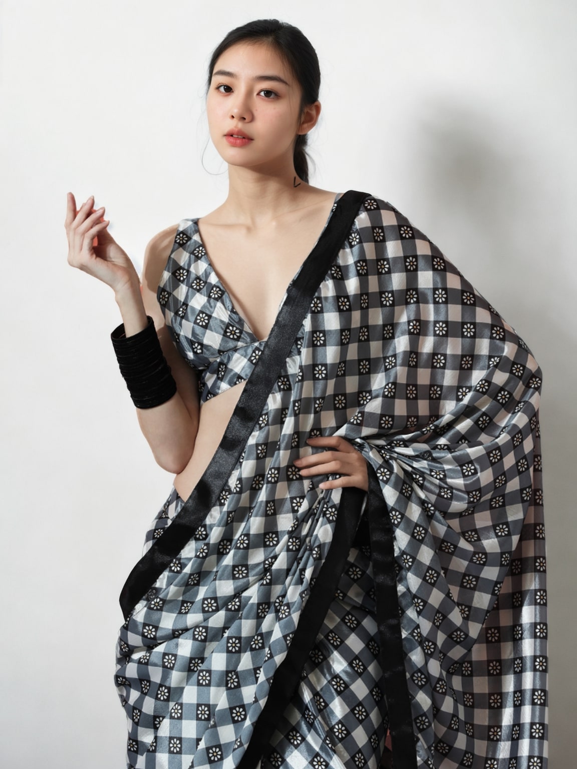 Jyoti Fashion Women's Grey Chinon Digital Printed Ready To Wear Saree with Blouse | Grocsy
