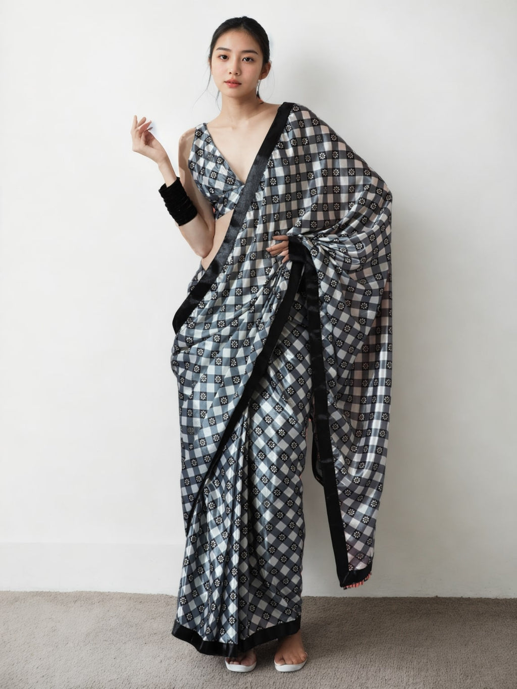 Jyoti Fashion Women's Grey Chinon Digital Printed Ready To Wear Saree with Blouse | Grocsy