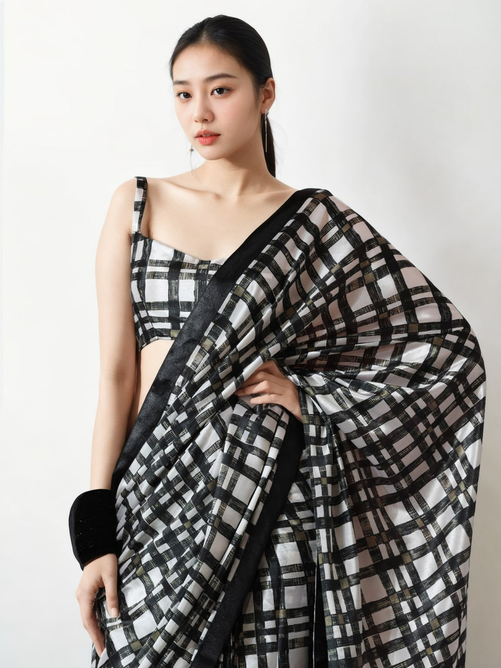 Jyoti Fashion Women's Black Chinon Digital Printed Ready To Wear Saree with Blouse | Grocsy