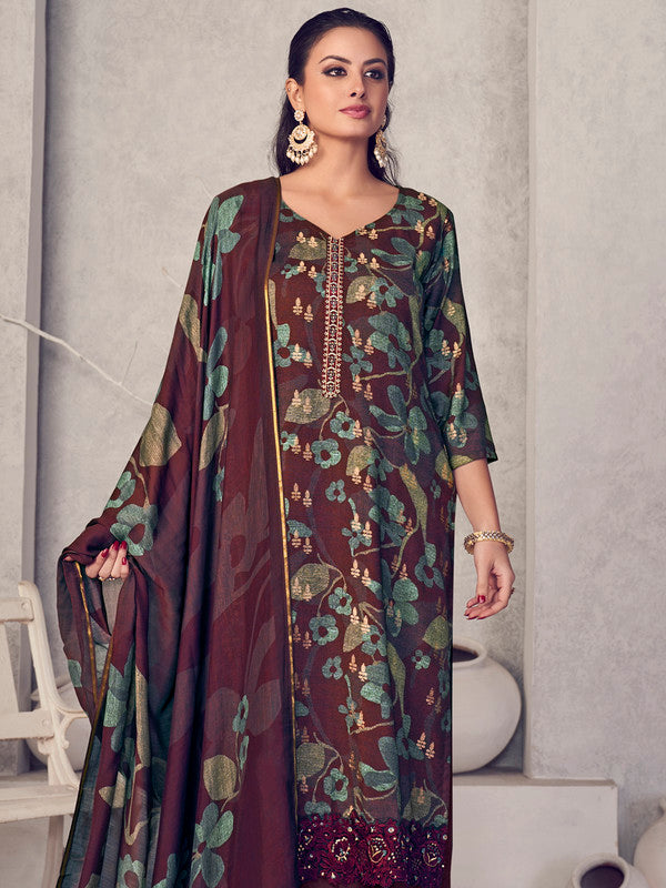 Jyoti Fashion Women's Maroon Pure Pashmina Digital Print with Jacquard Woven Kurta with Trouser & Dupatta | Grocsy