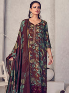 Jyoti Fashion Women's Maroon Pure Pashmina Digital Print with Jacquard Woven Kurta with Trouser & Dupatta | Grocsy