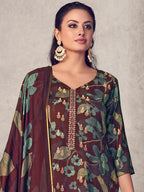 Jyoti Fashion Women's Maroon Pure Pashmina Digital Print with Jacquard Woven Kurta with Trouser & Dupatta | Grocsy