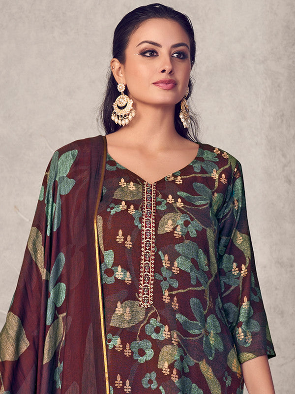 Jyoti Fashion Women's Maroon Pure Pashmina Digital Print with Jacquard Woven Kurta with Trouser & Dupatta | Grocsy