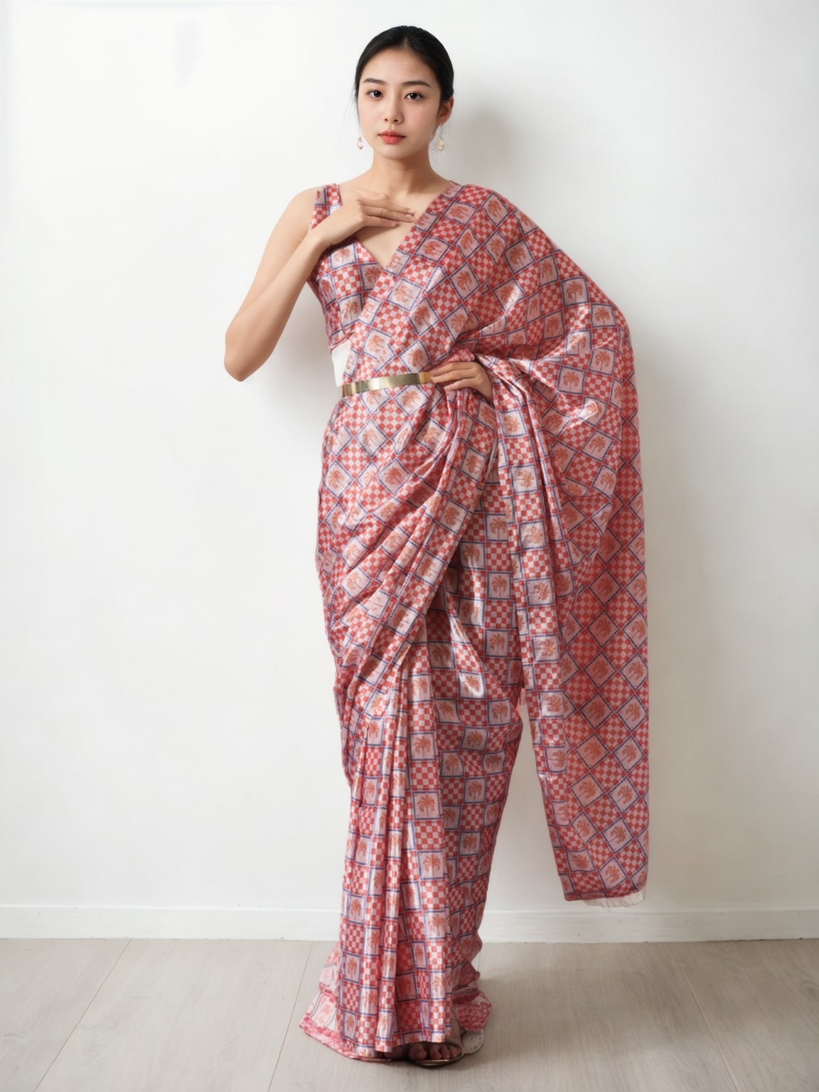 Jyoti Fashion Women's Peach Chinon Digital Printed Ready To Wear Saree with Blouse | Grocsy