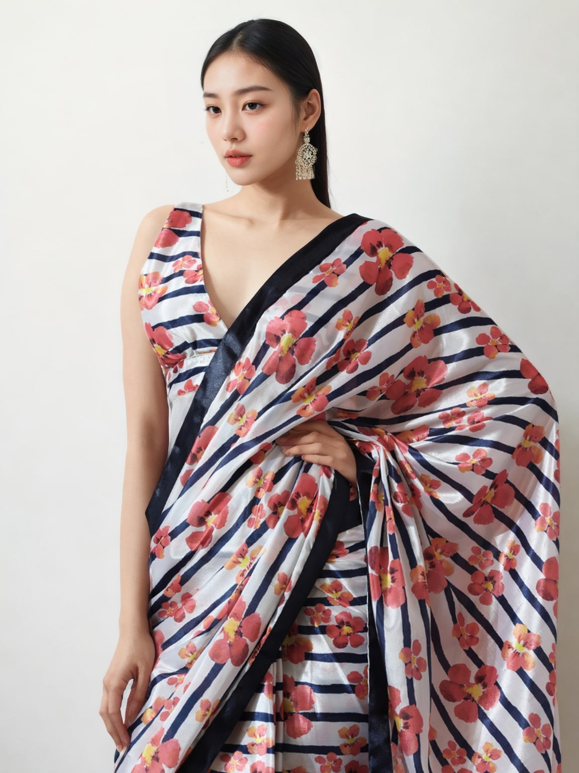 Jyoti Fashion Women's Multicolor Chinon Digital Printed Ready To Wear Saree with Blouse | Grocsy