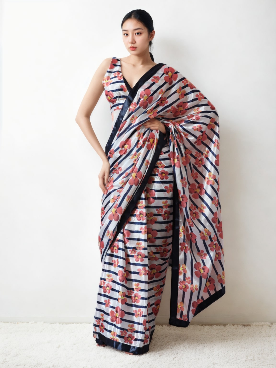 Jyoti Fashion Women's Multicolor Chinon Digital Printed Ready To Wear Saree with Blouse | Grocsy