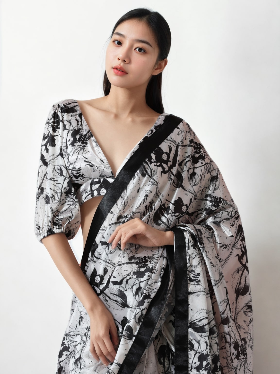 Jyoti Fashion Women's Black Chinon Digital Printed Ready To Wear Saree with Blouse | Grocsy