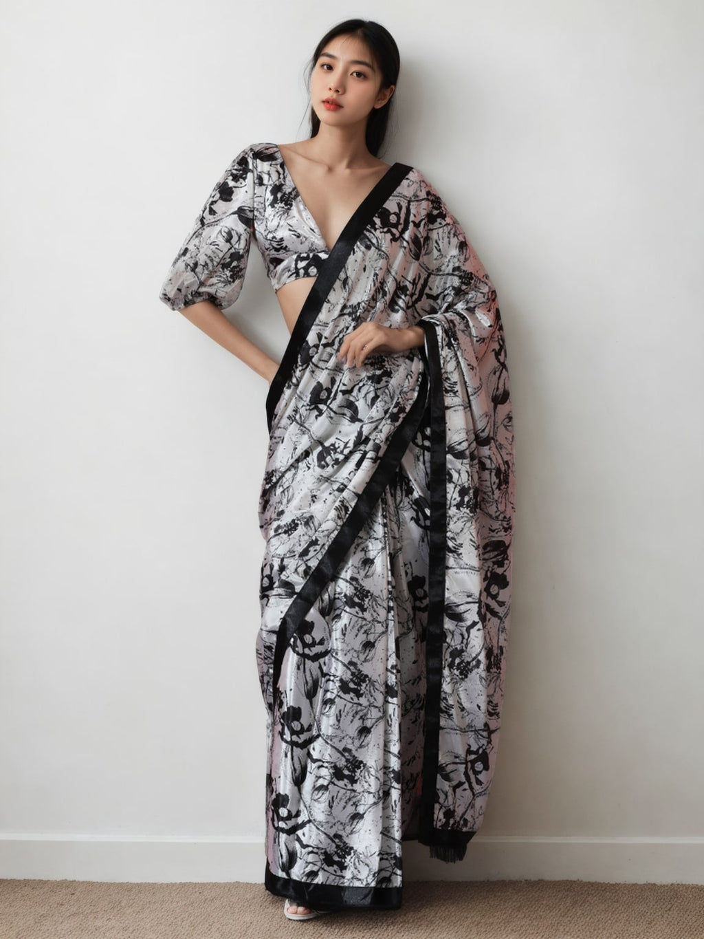 Jyoti Fashion Women's Black Chinon Digital Printed Ready To Wear Saree with Blouse | Grocsy