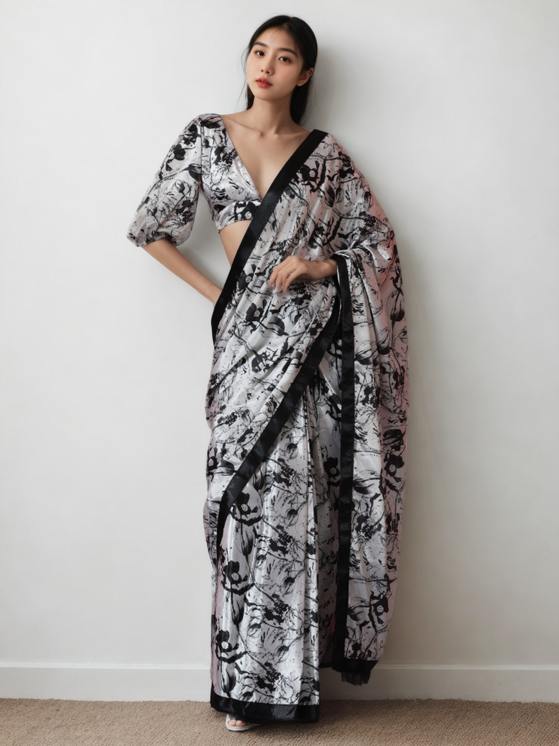 Jyoti Fashion Women's Black Chinon Digital Printed Ready To Wear Saree with Blouse | Grocsy