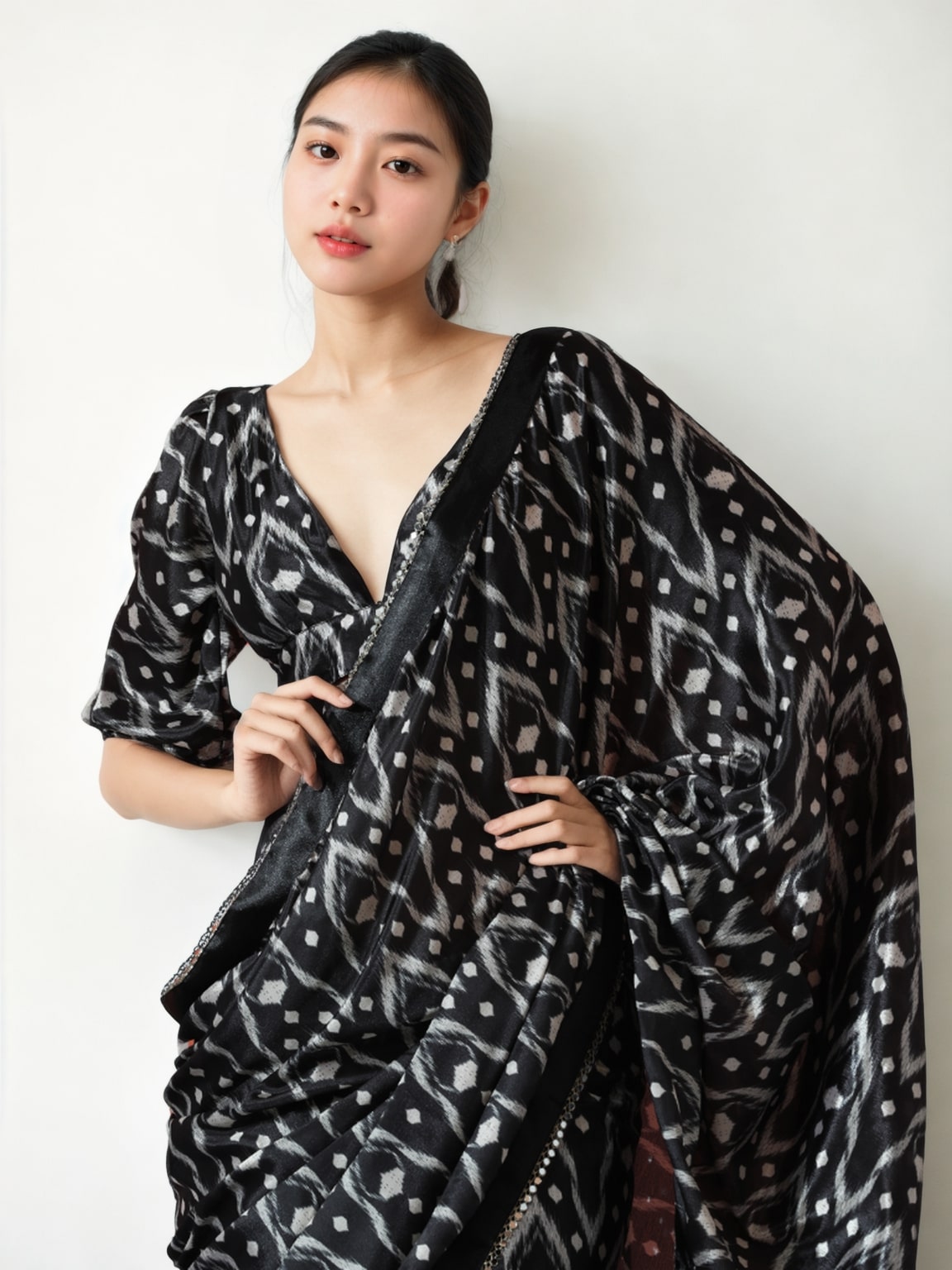 Jyoti Fashion Women's Black Chinon Digital Printed Ready To Wear Saree with Blouse | Grocsy