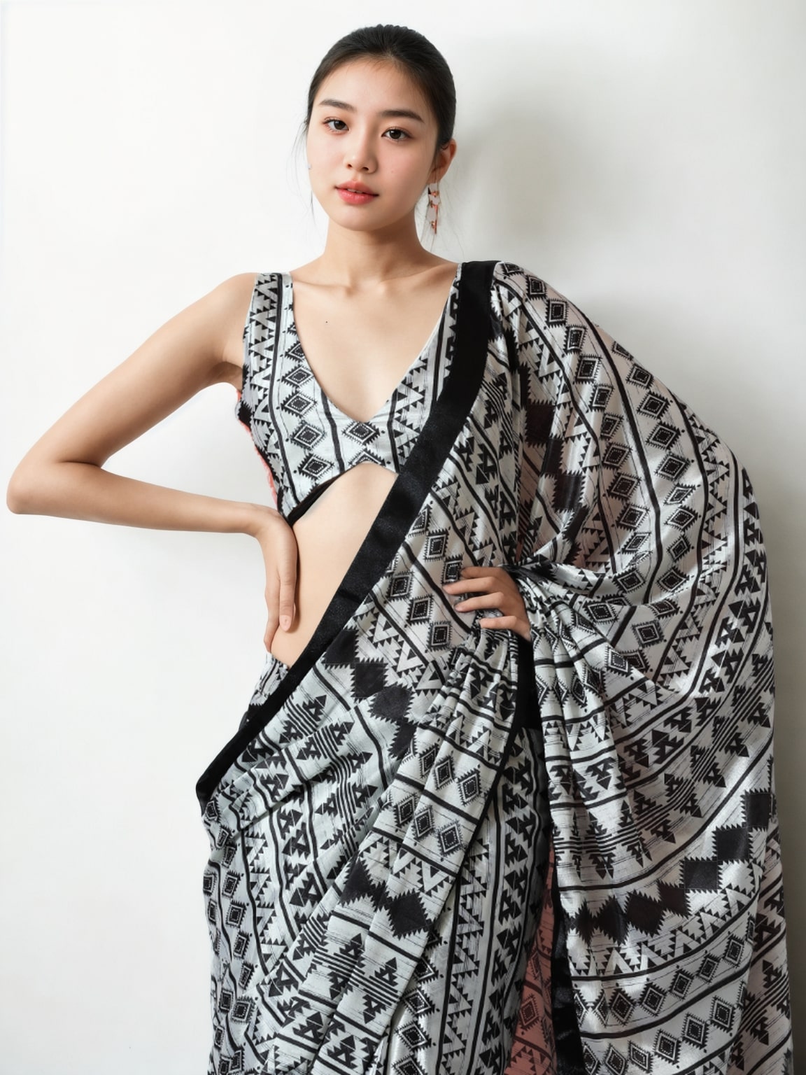 Jyoti Fashion Women's Black Chinon Digital Printed Ready To Wear Saree with Blouse | Grocsy