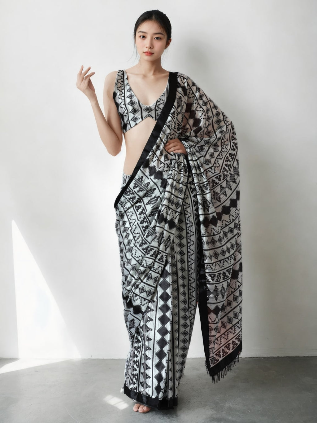 Jyoti Fashion Women's Black Chinon Digital Printed Ready To Wear Saree with Blouse | Grocsy