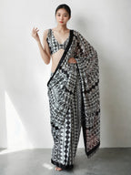 Jyoti Fashion Women's Black Chinon Digital Printed Ready To Wear Saree with Blouse | Grocsy