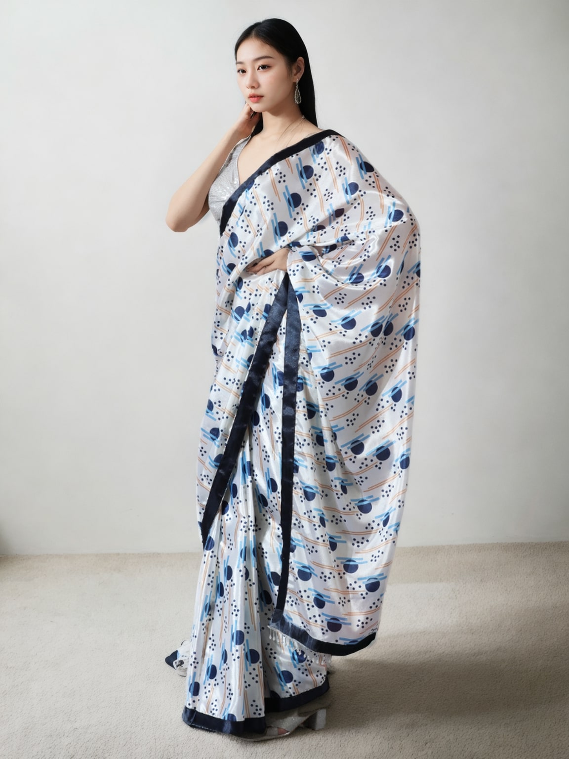 Jyoti Fashion Women's Multicolor Chinon Digital Printed Ready To Wear Saree with Blouse | Grocsy