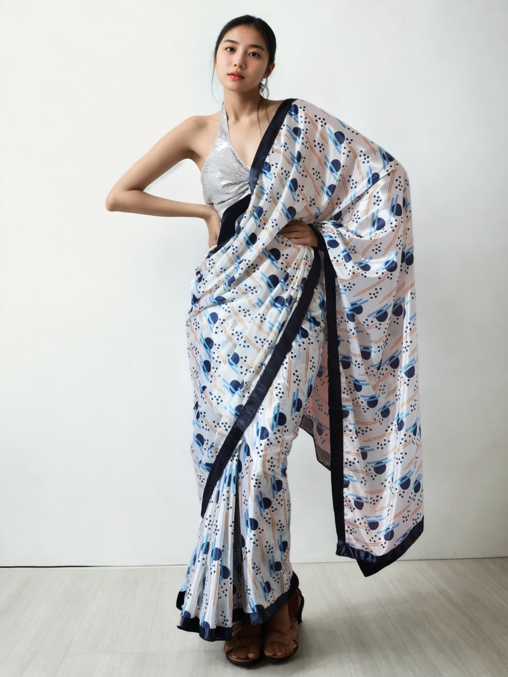 Jyoti Fashion Women's Multicolor Chinon Digital Printed Ready To Wear Saree with Blouse | Grocsy