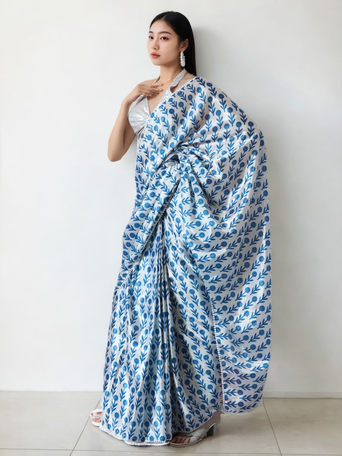 Jyoti Fashion Women's Sky Blue Chinon Digital Printed Ready To Wear Saree with Blouse | Grocsy