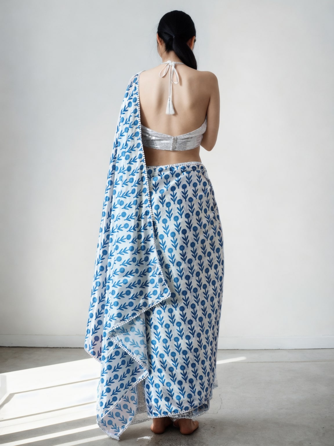 Jyoti Fashion Women's Sky Blue Chinon Digital Printed Ready To Wear Saree with Blouse | Grocsy