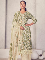 Jyoti Fashion Women's Cream Pure Pashmina Digital Print with Jacquard Woven Kurta with Trouser & Dupatta | Grocsy