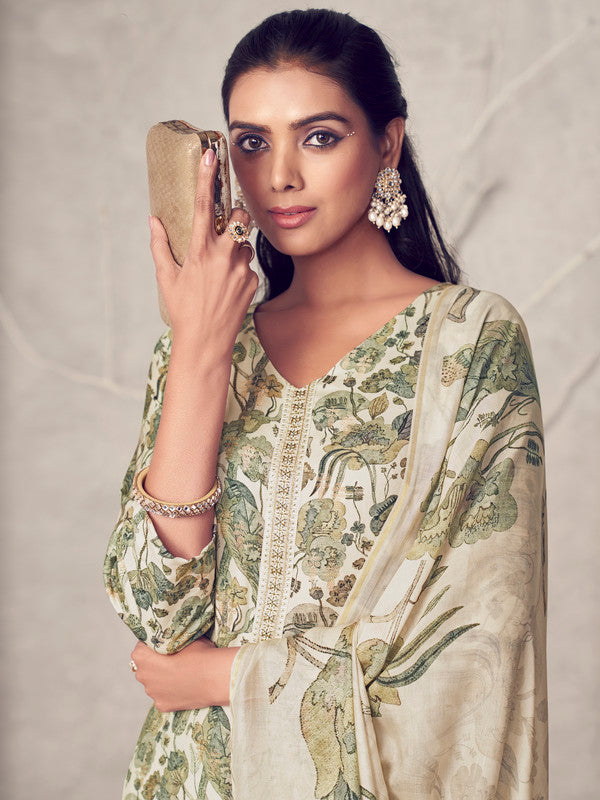 Jyoti Fashion Women's Cream Pure Pashmina Digital Print with Jacquard Woven Kurta with Trouser & Dupatta | Grocsy