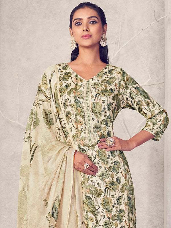 Jyoti Fashion Women's Cream Pure Pashmina Digital Print with Jacquard Woven Kurta with Trouser & Dupatta | Grocsy