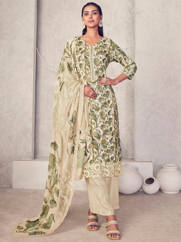 Jyoti Fashion Women's Cream Pure Pashmina Digital Print with Jacquard Woven Kurta with Trouser & Dupatta | Grocsy