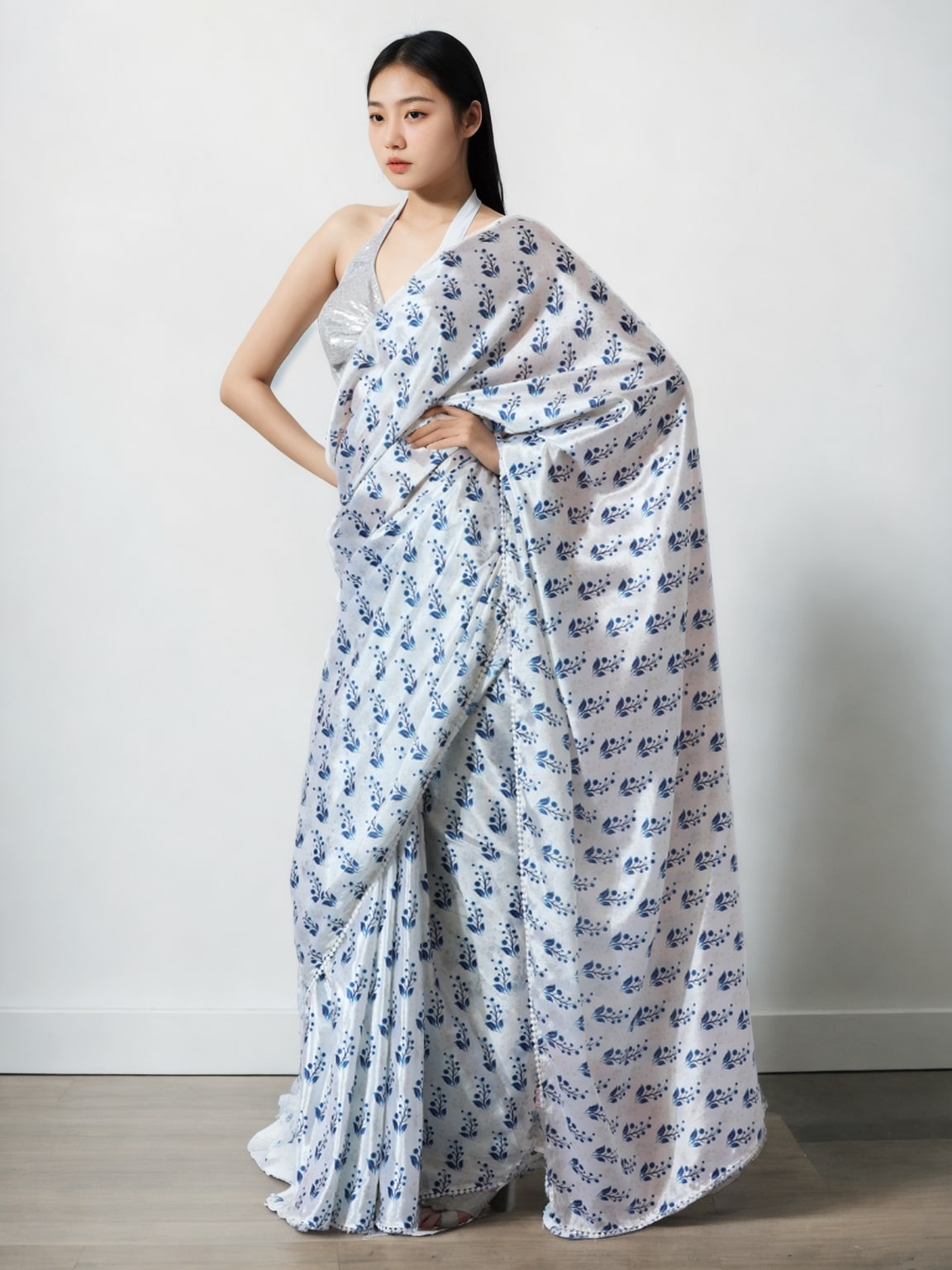 Jyoti Fashion Women's Blue Chinon Digital Printed Ready To Wear Saree with Blouse | Grocsy