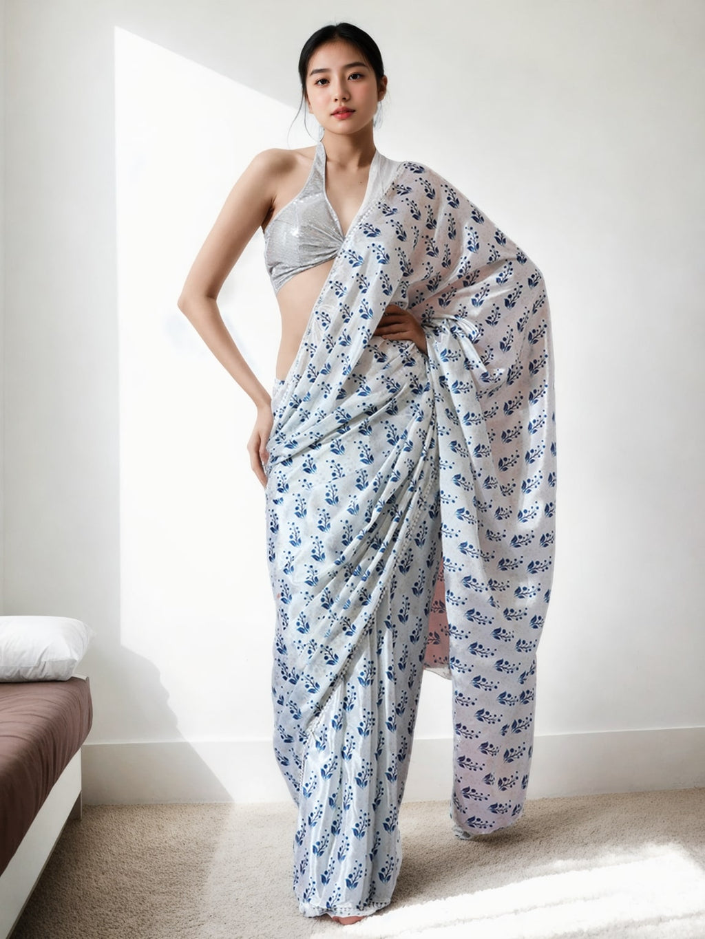 Jyoti Fashion Women's Blue Chinon Digital Printed Ready To Wear Saree with Blouse | Grocsy