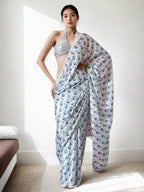Jyoti Fashion Women's Blue Chinon Digital Printed Ready To Wear Saree with Blouse | Grocsy