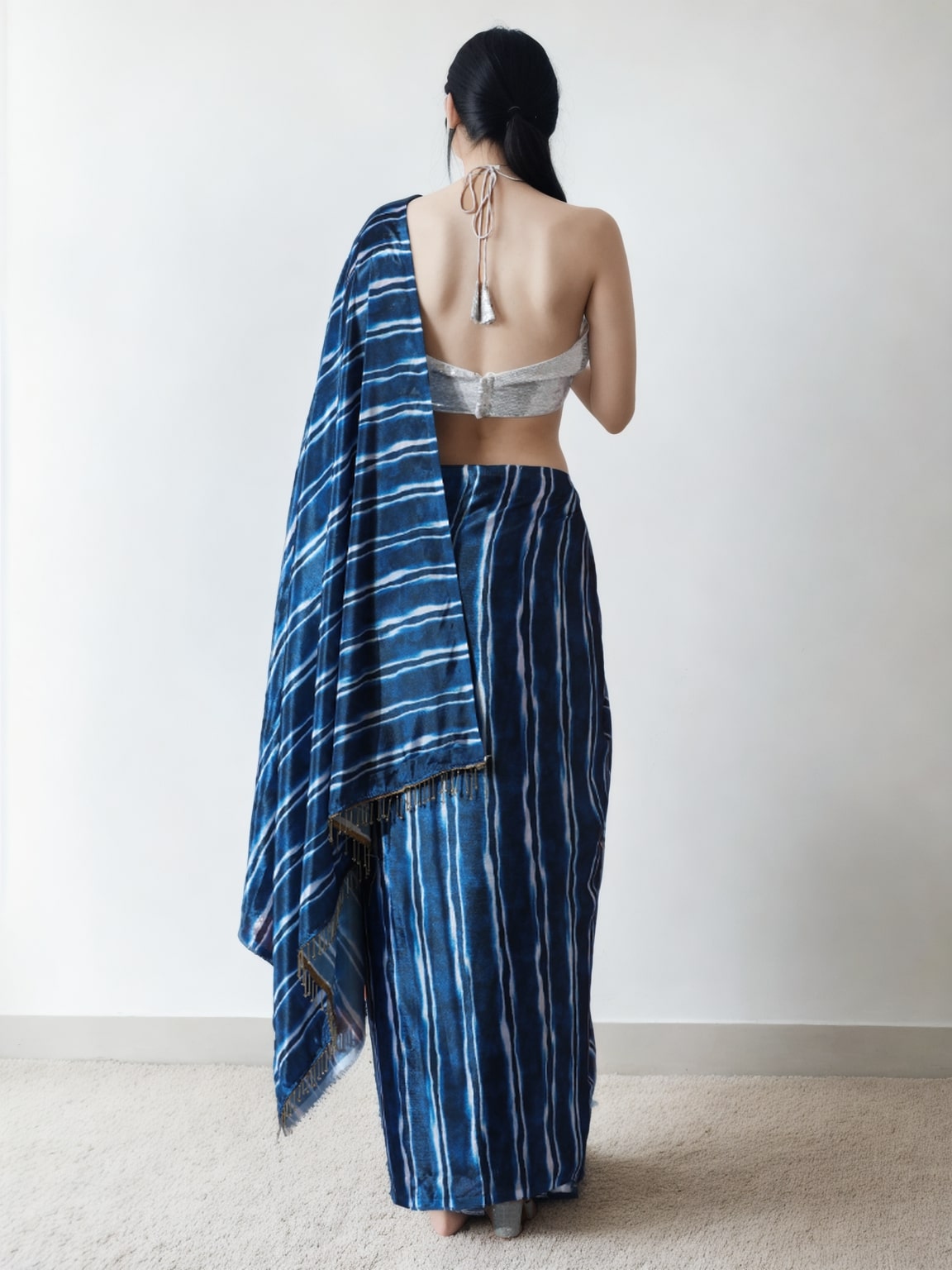 Jyoti Fashion Women's Navy Blue Chinon Digital Printed Ready To Wear Saree with Blouse | Grocsy