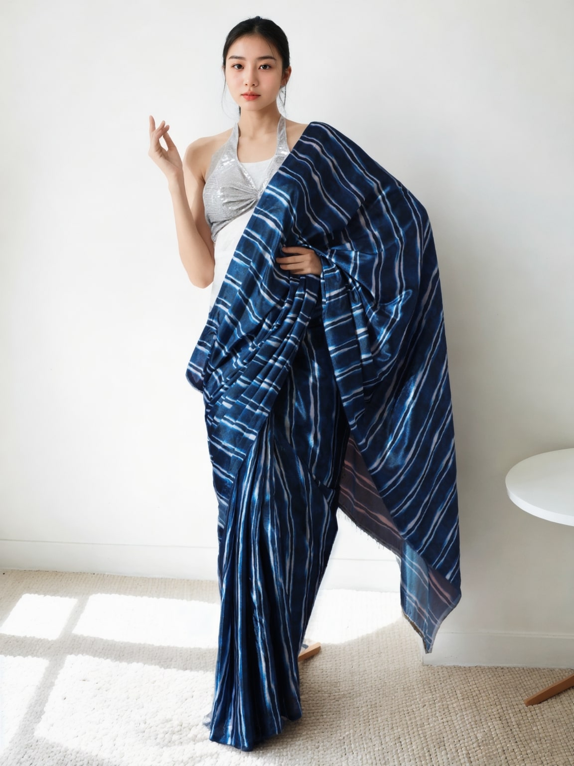 Jyoti Fashion Women's Navy Blue Chinon Digital Printed Ready To Wear Saree with Blouse | Grocsy