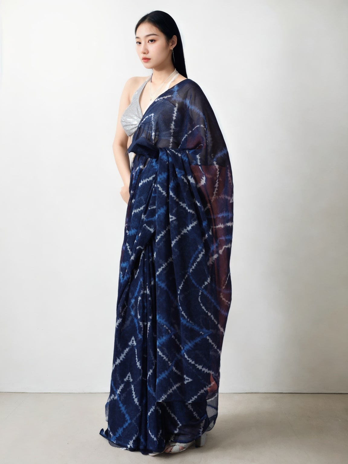 Jyoti Fashion Women's Dark Blue Marble Chiffon Printed Ready To Wear Saree with Blouse | Grocsy