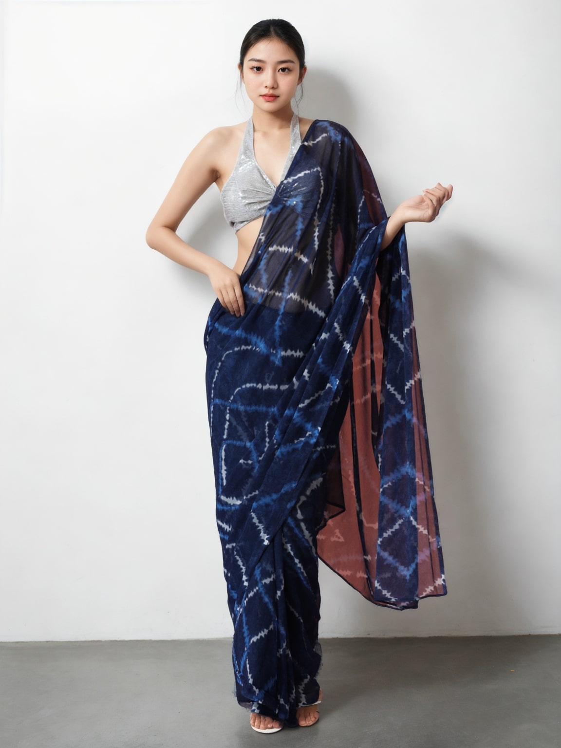 Jyoti Fashion Women's Dark Blue Marble Chiffon Printed Ready To Wear Saree with Blouse | Grocsy