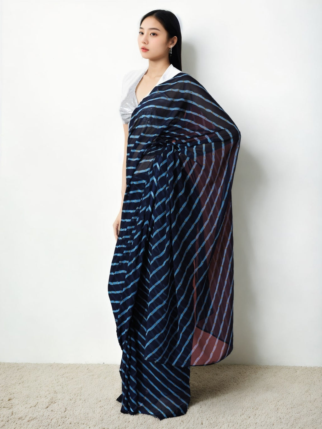 Jyoti Fashion Women's Dark Blue Marble Chiffon Printed Ready To Wear Saree with Blouse | Grocsy