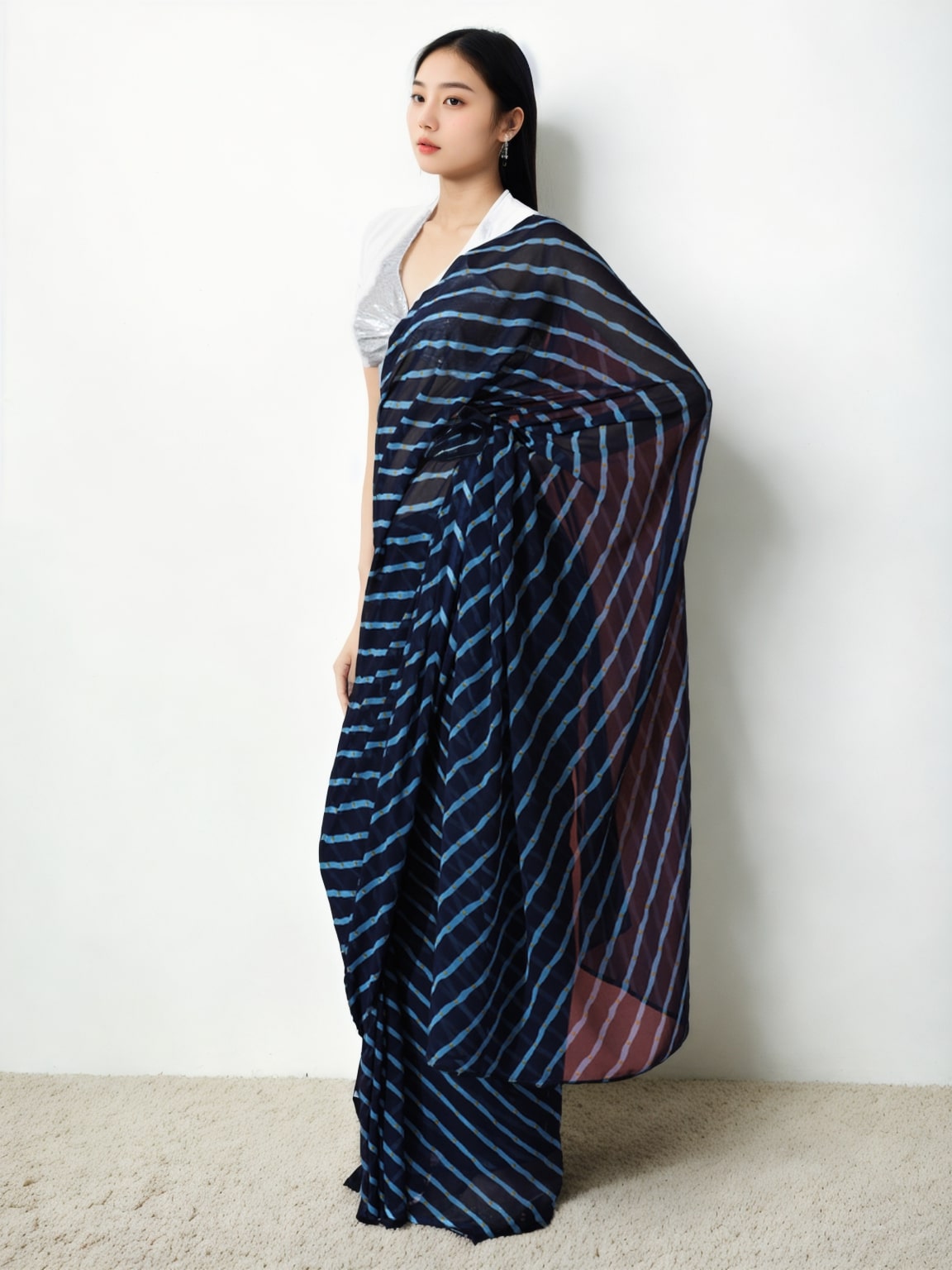 Jyoti Fashion Women's Dark Blue Marble Chiffon Printed Ready To Wear Saree with Blouse | Grocsy