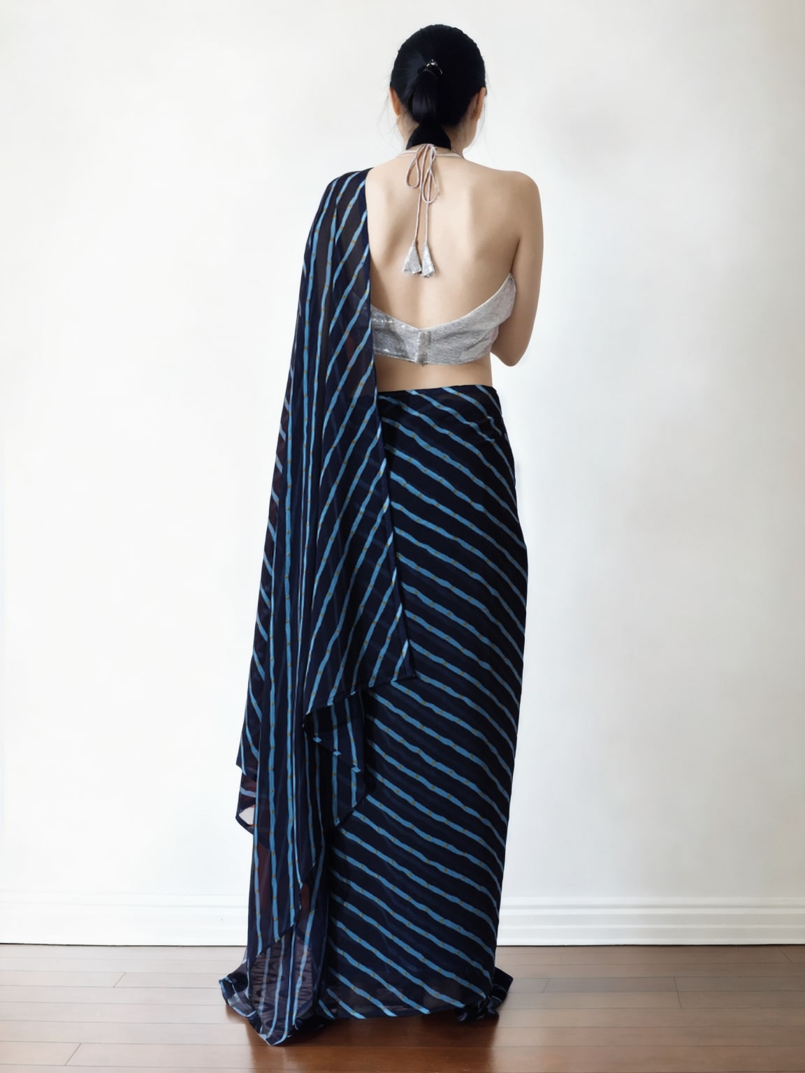 Jyoti Fashion Women's Dark Blue Marble Chiffon Printed Ready To Wear Saree with Blouse | Grocsy