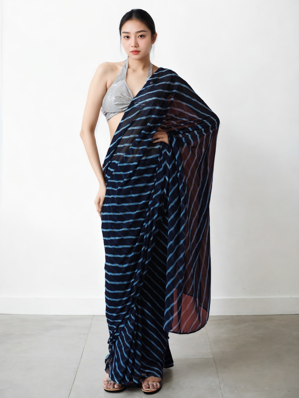 Jyoti Fashion Women's Dark Blue Marble Chiffon Printed Ready To Wear Saree with Blouse | Grocsy