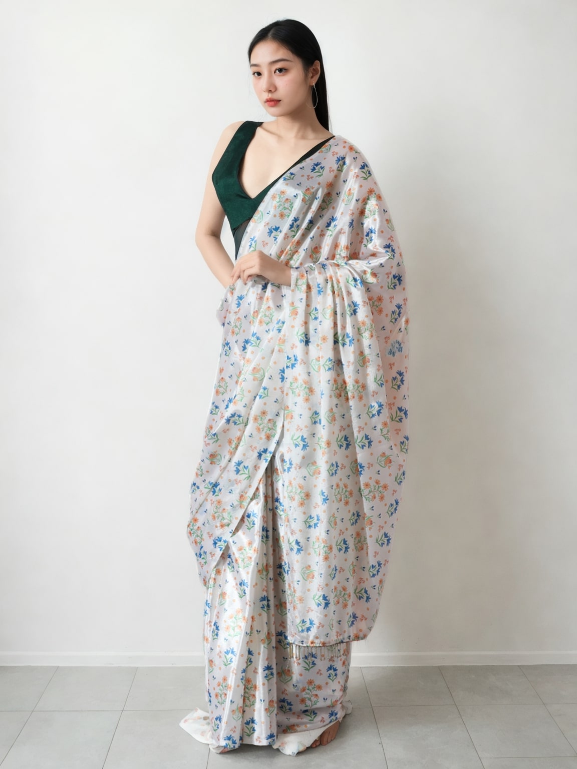 Jyoti Fashion Women's Multicolor Chinon Digital Printed Ready To Wear Saree with Blouse | Grocsy