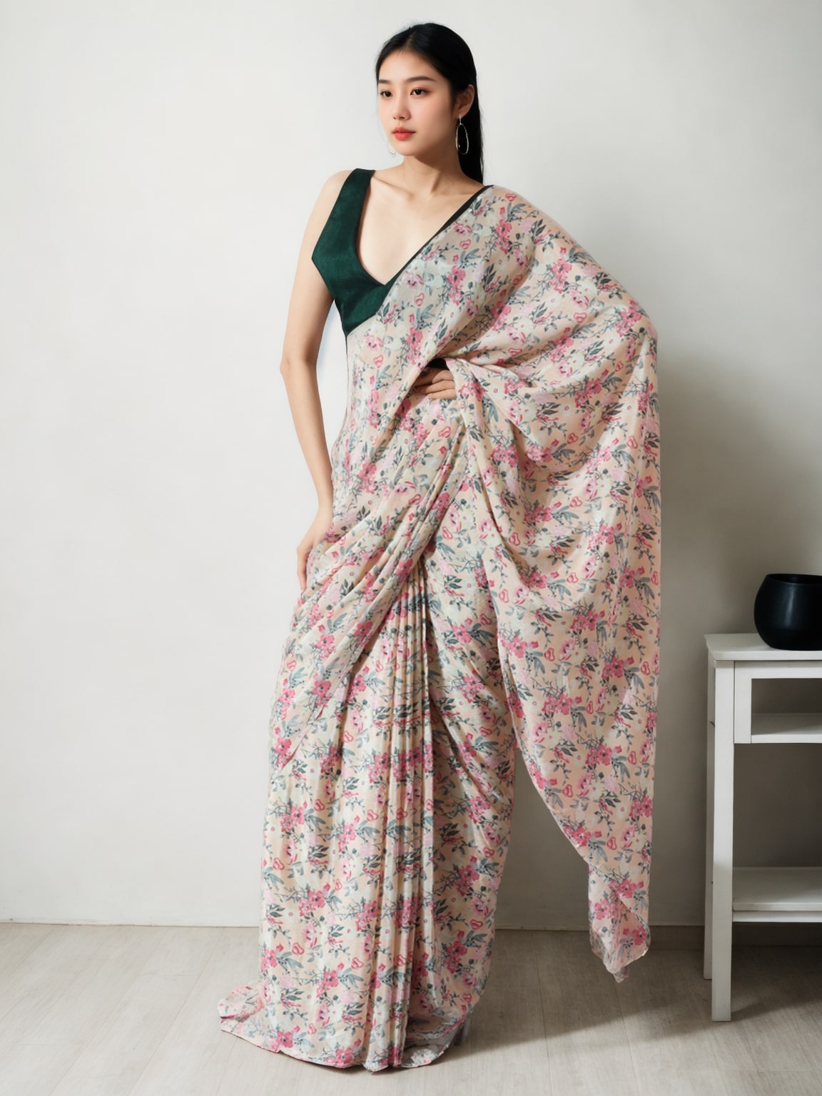 Jyoti Fashion Women's Multicolor Chinon Digital Printed Ready To Wear Saree with Blouse | Grocsy