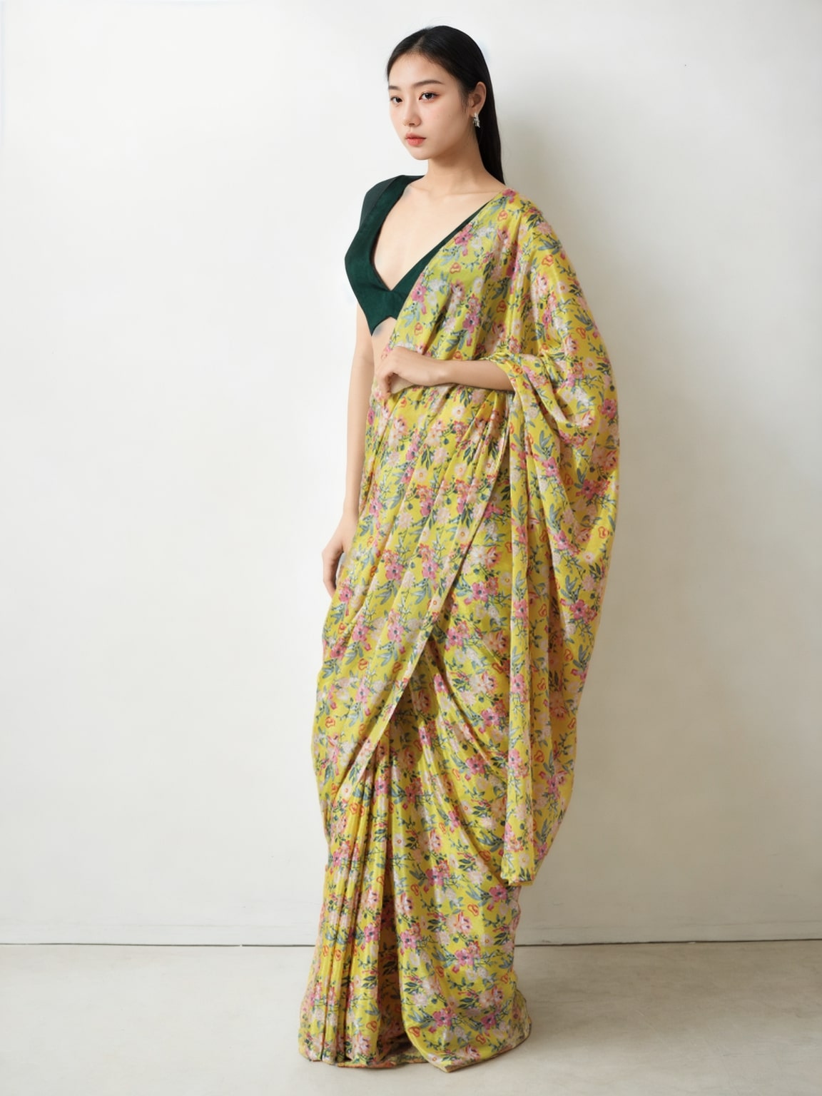 Jyoti Fashion Women's Mehendi Chinon Digital Printed Ready To Wear Saree with Blouse | Grocsy