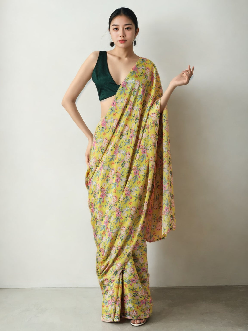 Jyoti Fashion Women's Mehendi Chinon Digital Printed Ready To Wear Saree with Blouse | Grocsy