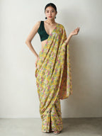 Jyoti Fashion Women's Mehendi Chinon Digital Printed Ready To Wear Saree with Blouse | Grocsy