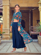 Jyoti Fashion Women's Teal Silk Print with Hand Work Indo Western Kurta Set | Grocsy