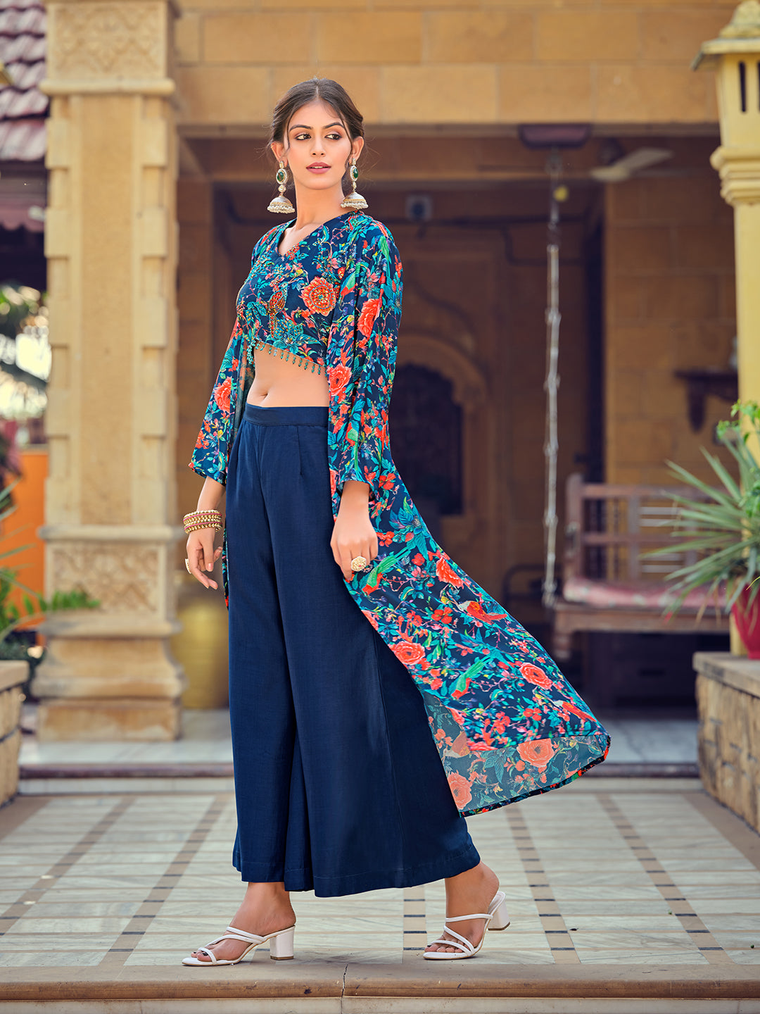 Jyoti Fashion Women's Teal Silk Print with Hand Work Indo Western Kurta Set | Grocsy