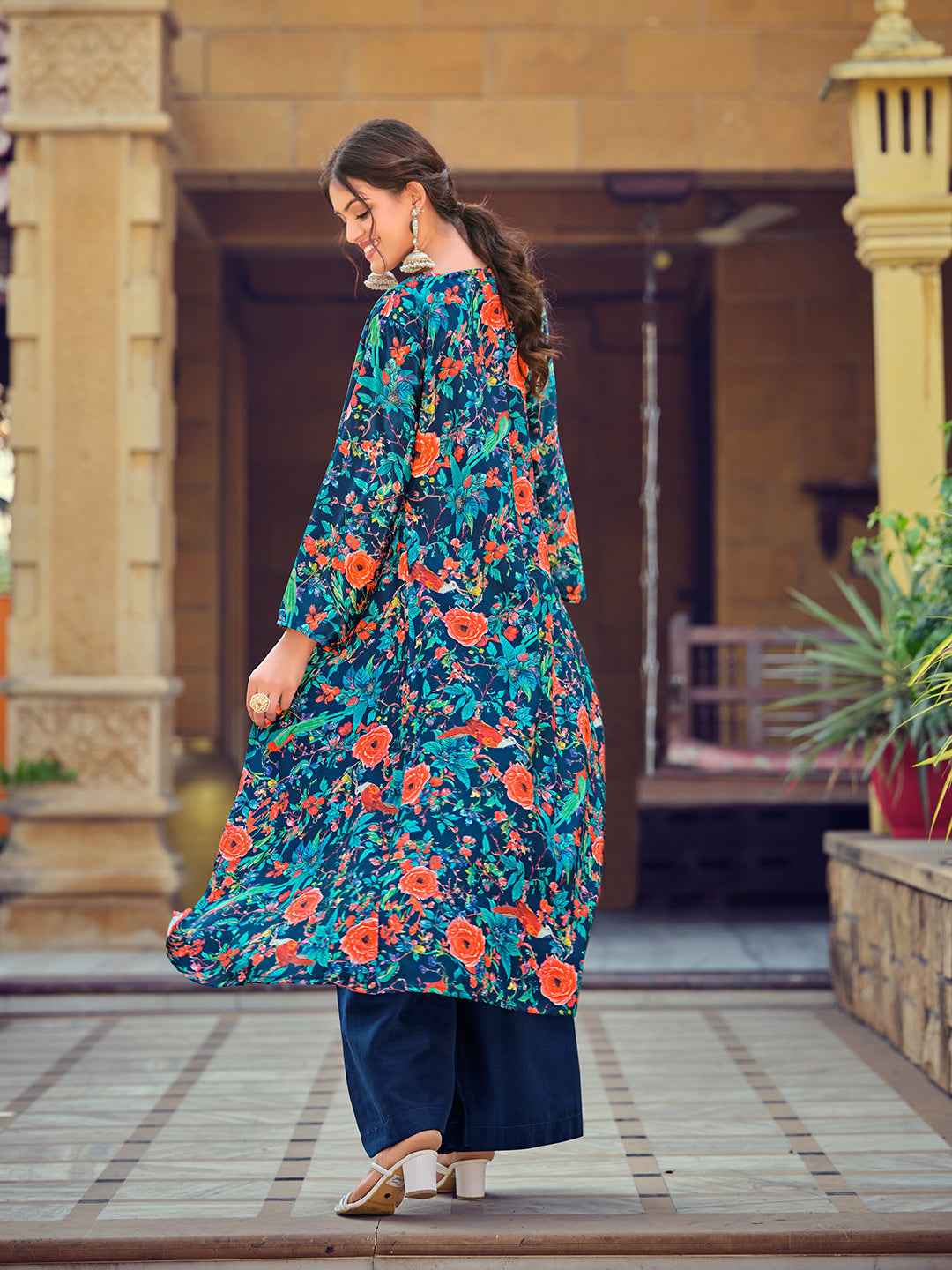 Jyoti Fashion Women's Teal Silk Print with Hand Work Indo Western Kurta Set | Grocsy