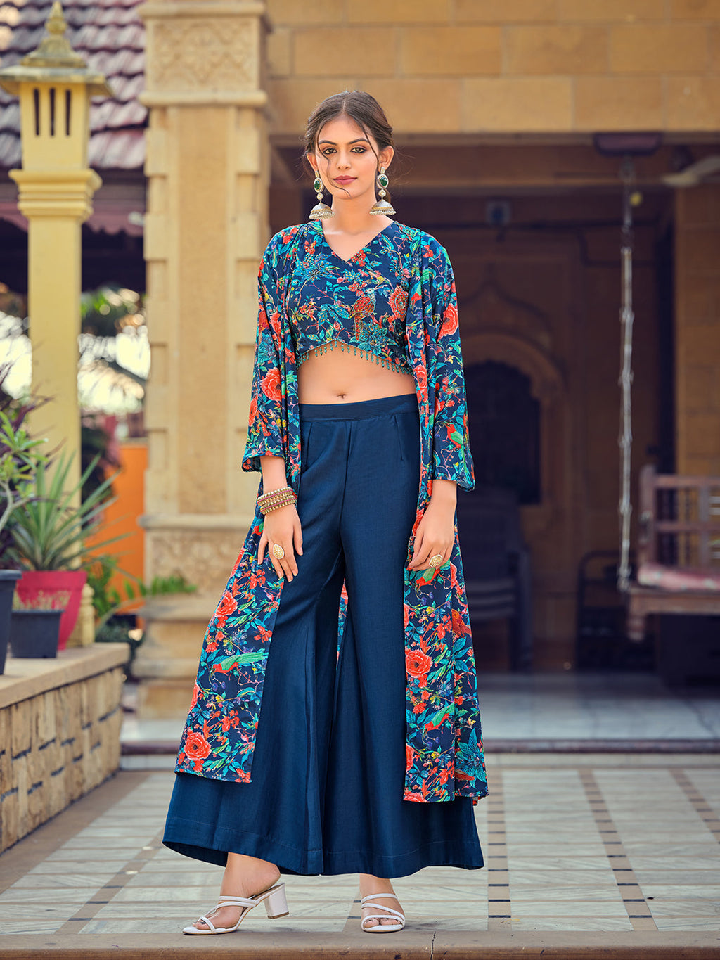 Jyoti Fashion Women's Teal Silk Print with Hand Work Indo Western Kurta Set | Grocsy