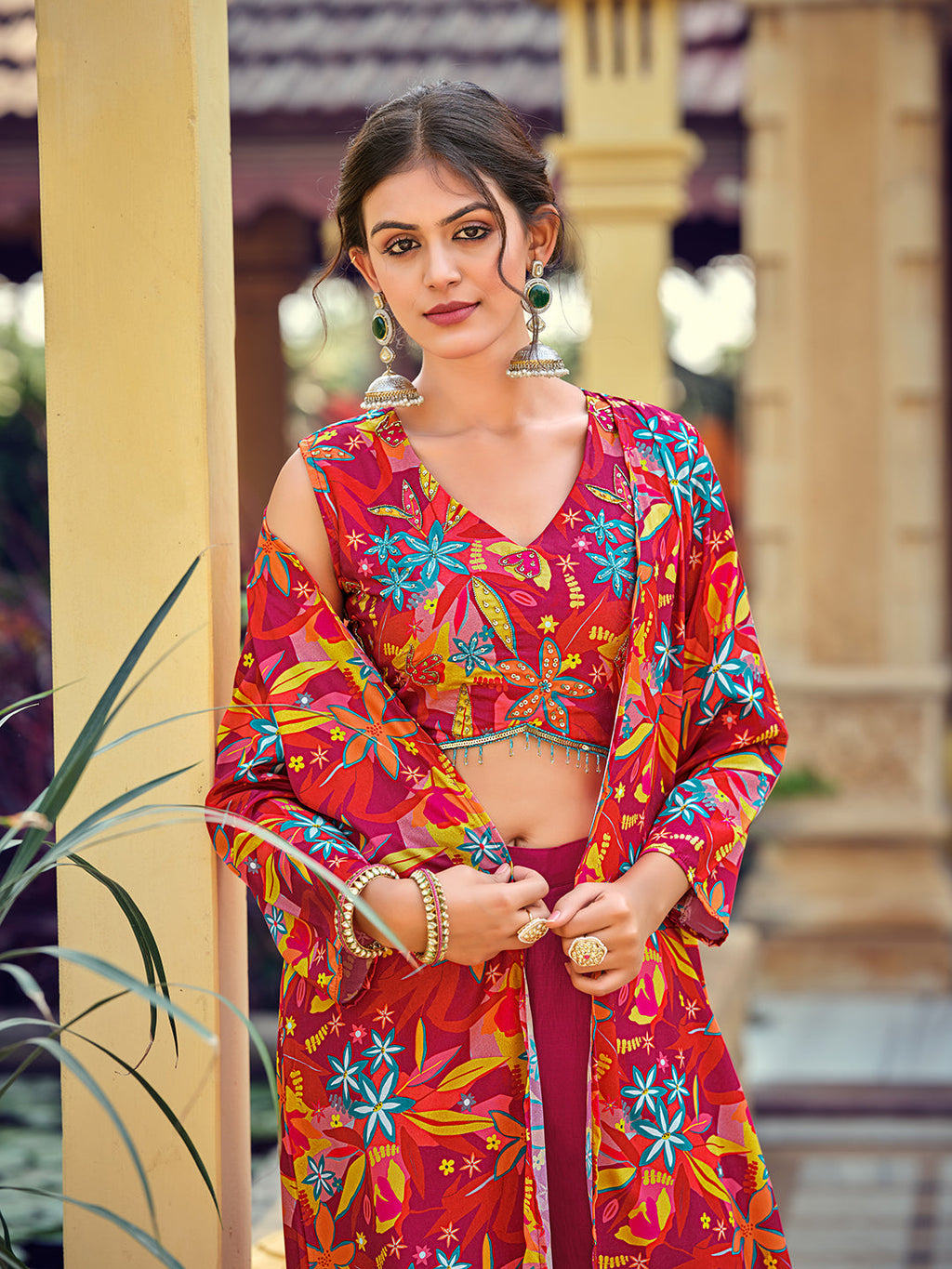 Jyoti Fashion Women's Pink Silk Print with Hand Work Indo Western Kurta Set | Grocsy